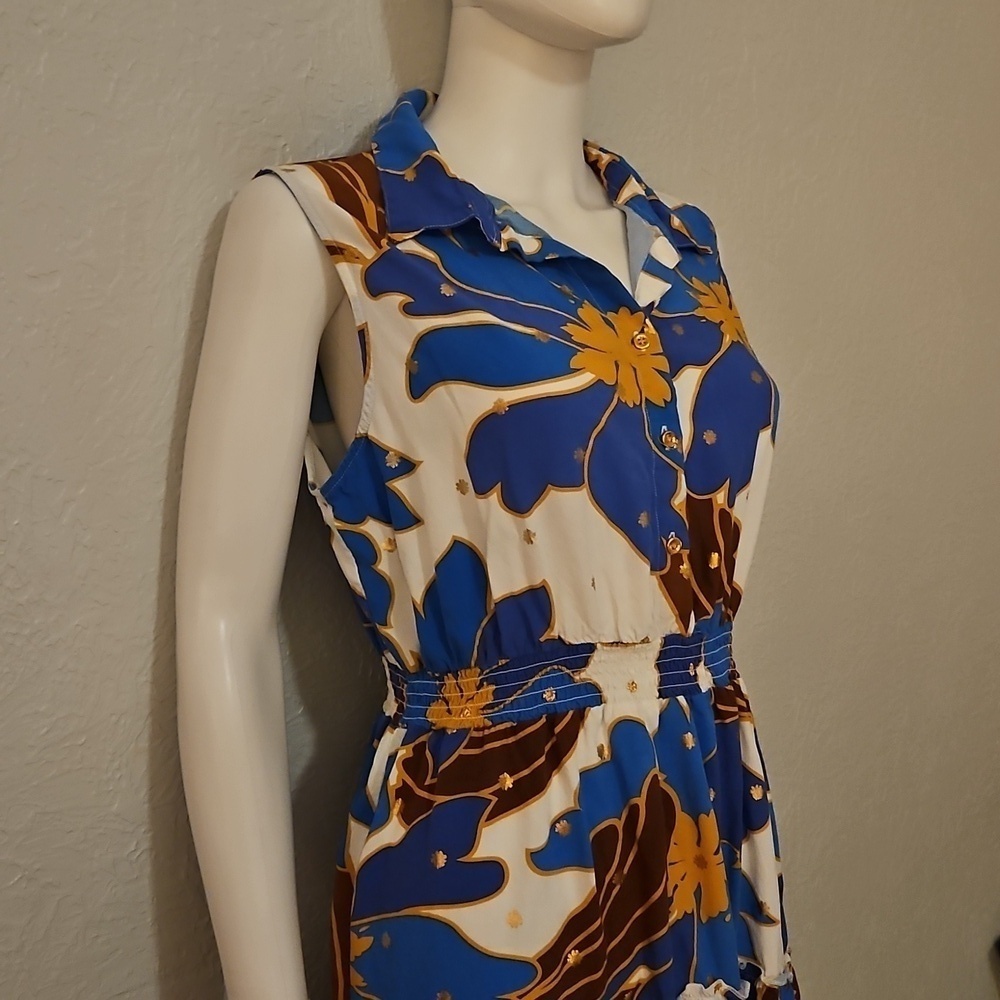 ALEX and PARKER Tropical Blue Floral Sleeveless Tiered Shirt Tiki Dress - Picture 7 of 13